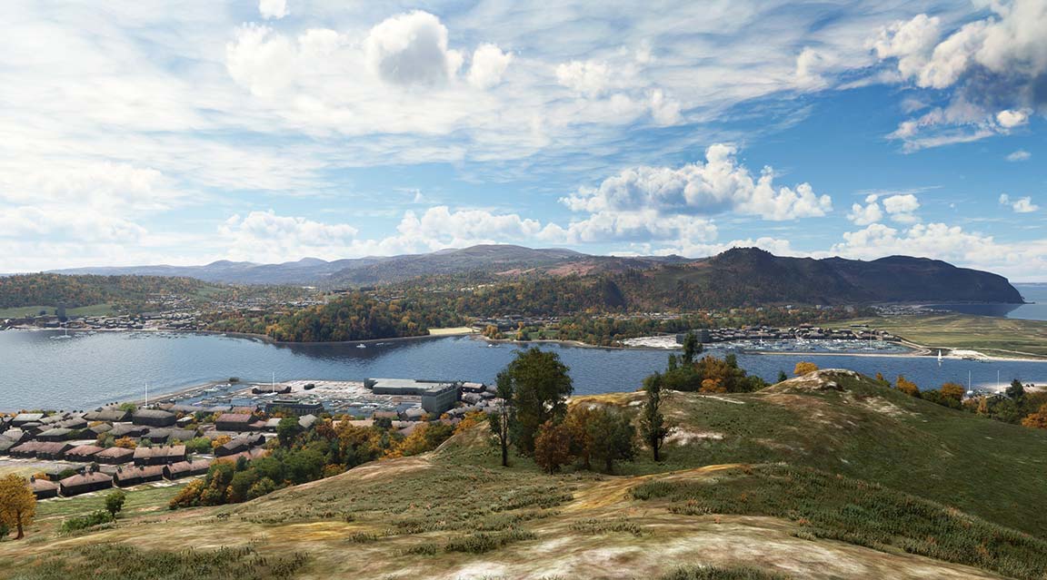 A scenic view of a city skyline with a tranquil lake in the distance.
