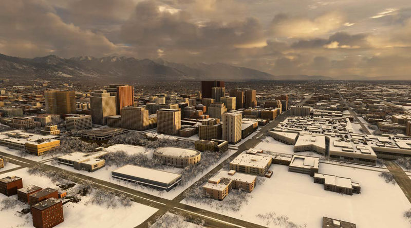 Snowy urban landscape in winter with city buildings and streets.