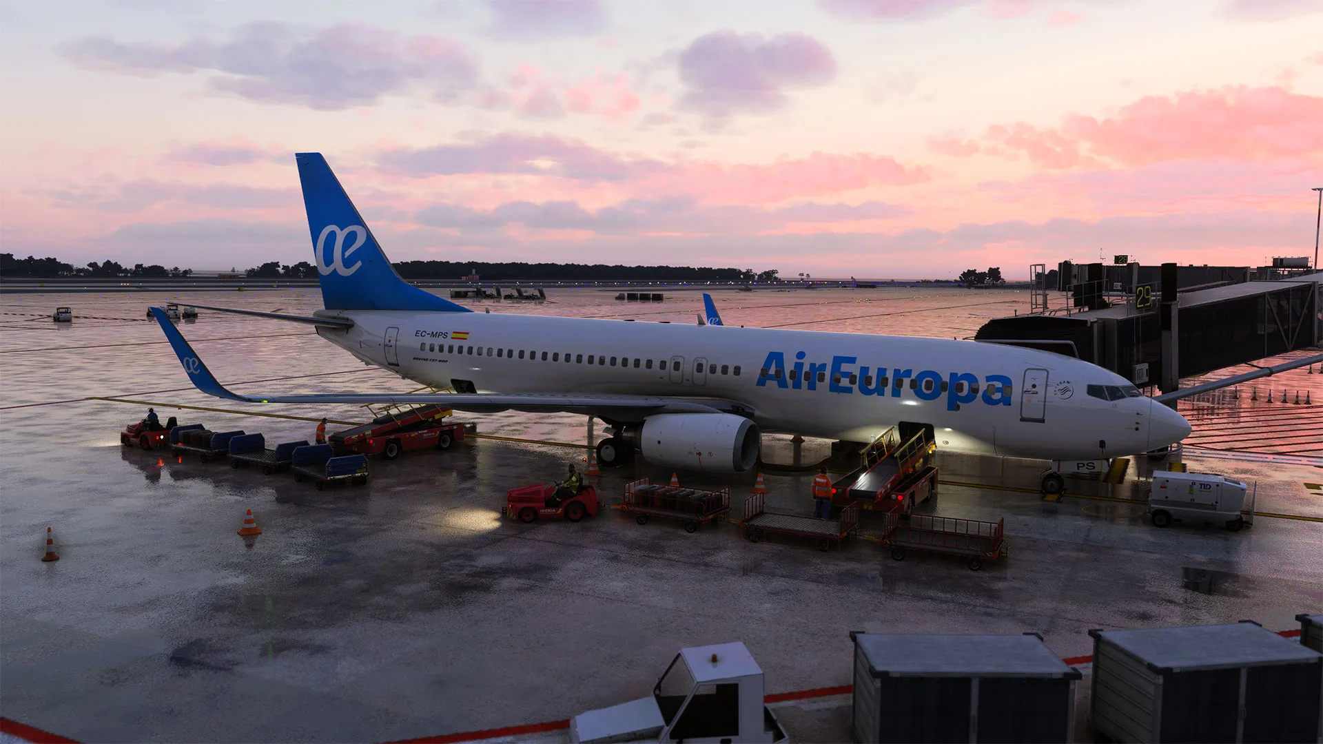 Air Europa Boeing 737 at the gate during a pink sunset on a wet apron, rendered with REX Atmos for MSFS 2020