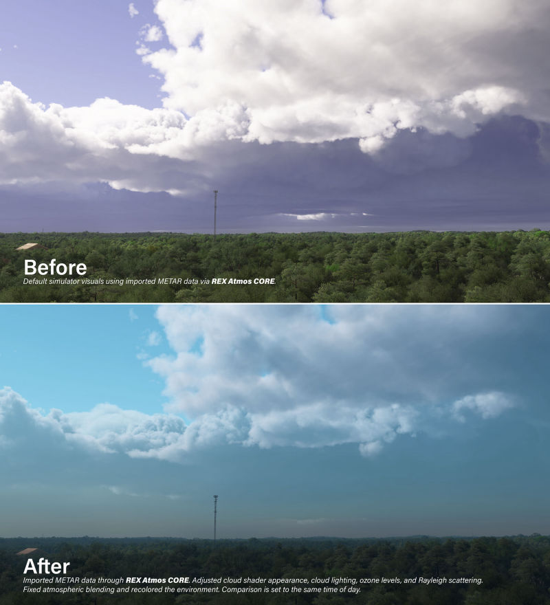 Before & after scene featuring the ash cloud fix from REX Atmos