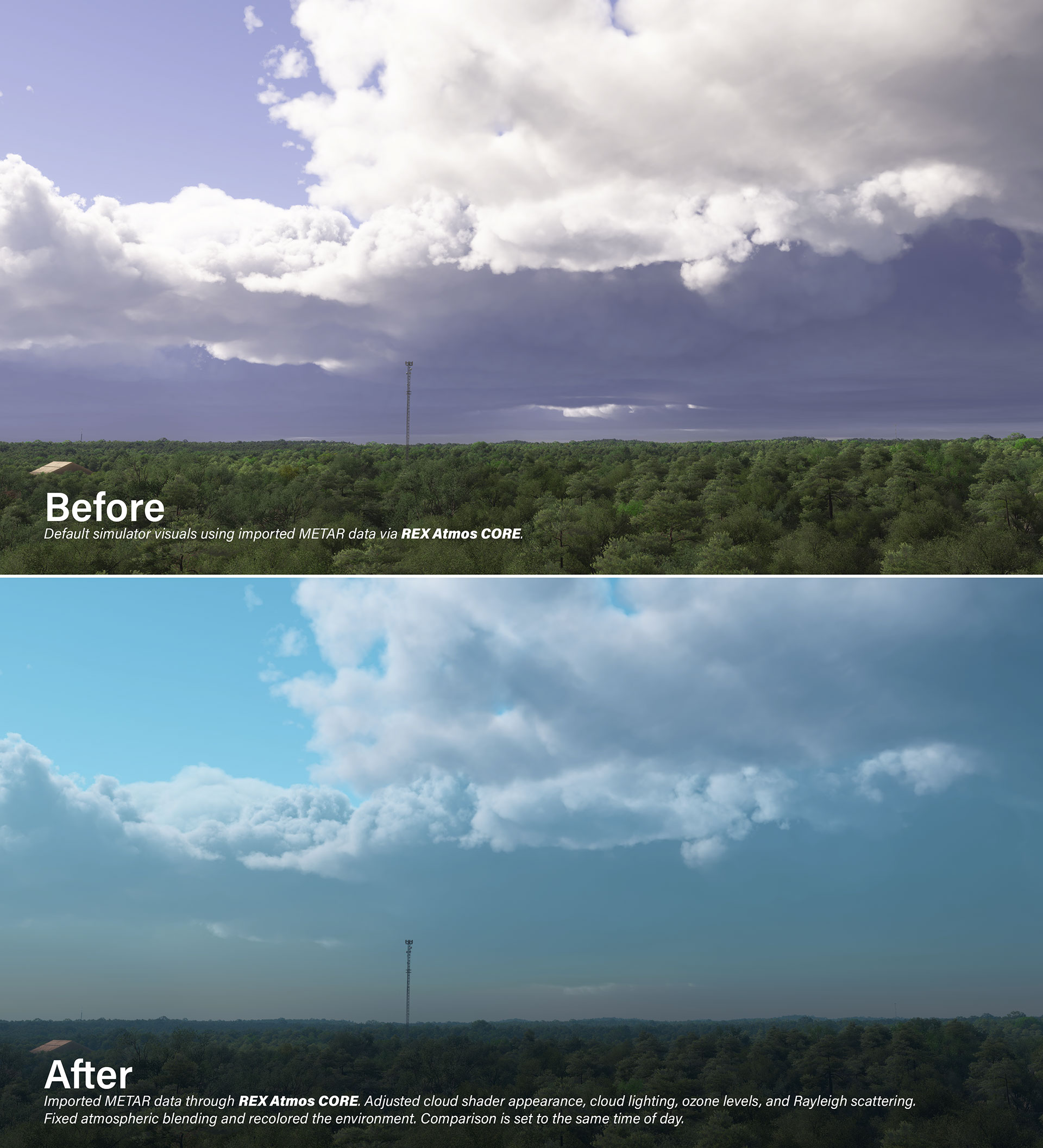 Before & after scene featuring the ash cloud fix from REX Atmos