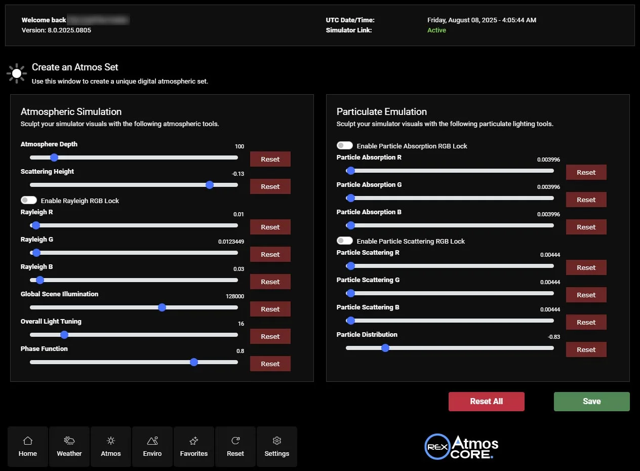 Atmos CORE Atmosphere control panel showing scattering and Rayleigh RGB settings