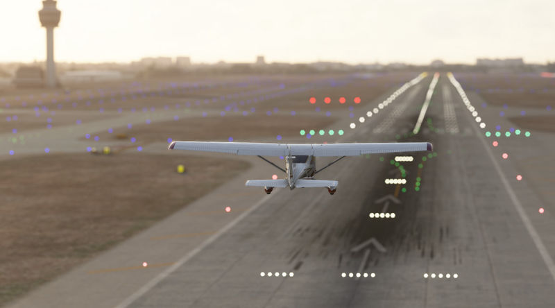 A small airplane ascending from an airport runway, with the runway markings visible below.