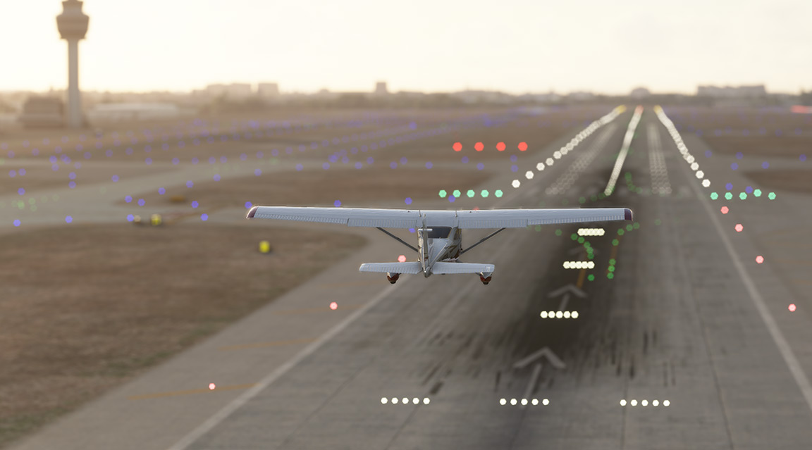 A small airplane ascending from an airport runway, with the runway markings visible below.