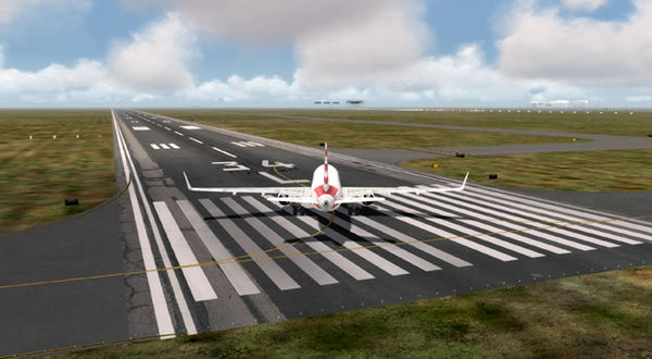 A computer generated image of a plane on a runway.