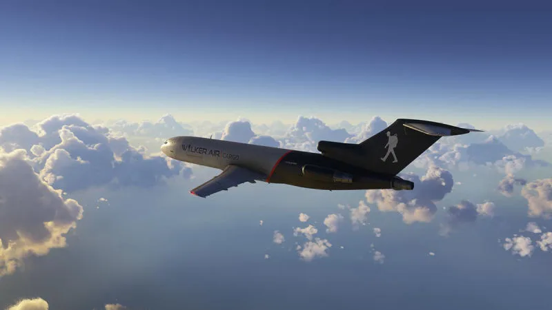 Walker Air Cargo Boeing 727 cruising above cumulus clouds, REX Atmos CORE in Microsoft Flight Simulator 2024