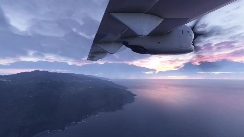 Twilight wing view over a rugged coastline with pink clouds, REX Atmos CORE in Microsoft Flight Simulator 2024