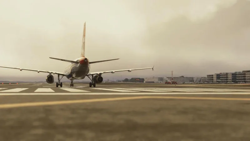 Airbus A330 lined up on the runway under an overcast sky, REX Atmos CORE in Microsoft Flight Simulator 2024