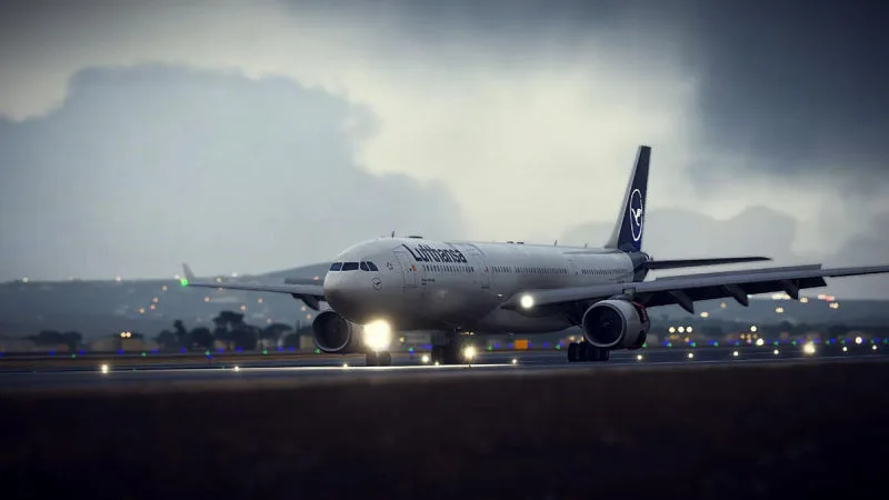 Lufthansa Airbus A330 on a wet runway beneath stormy clouds, REX Atmos CORE weather in Microsoft Flight Simulator 2024