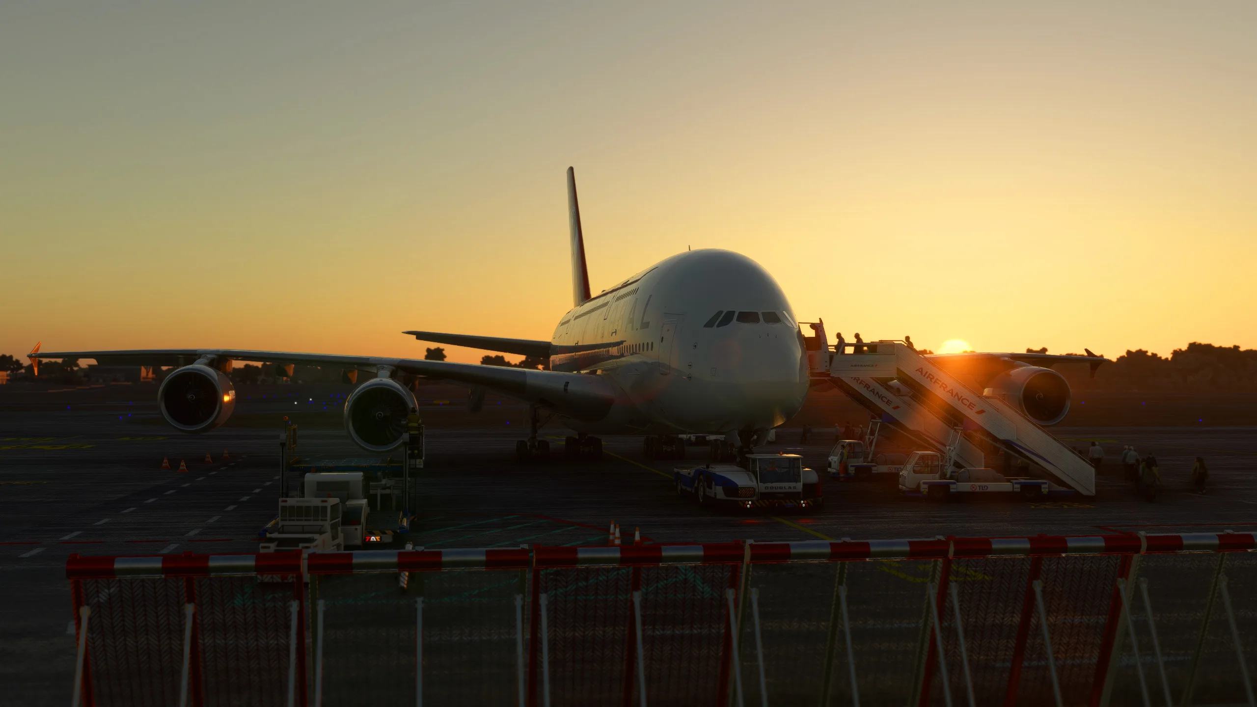 Airbus A380 parked at the gate during a golden sunset in Microsoft Flight Simulator, enhanced by REX add-ons