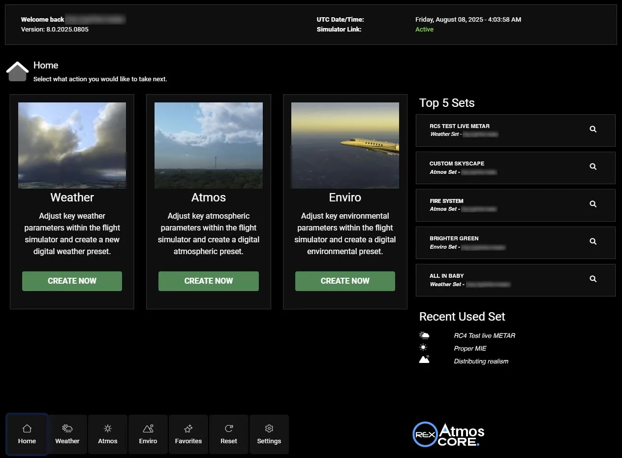 Atmos CORE home interface, built for simulator purists