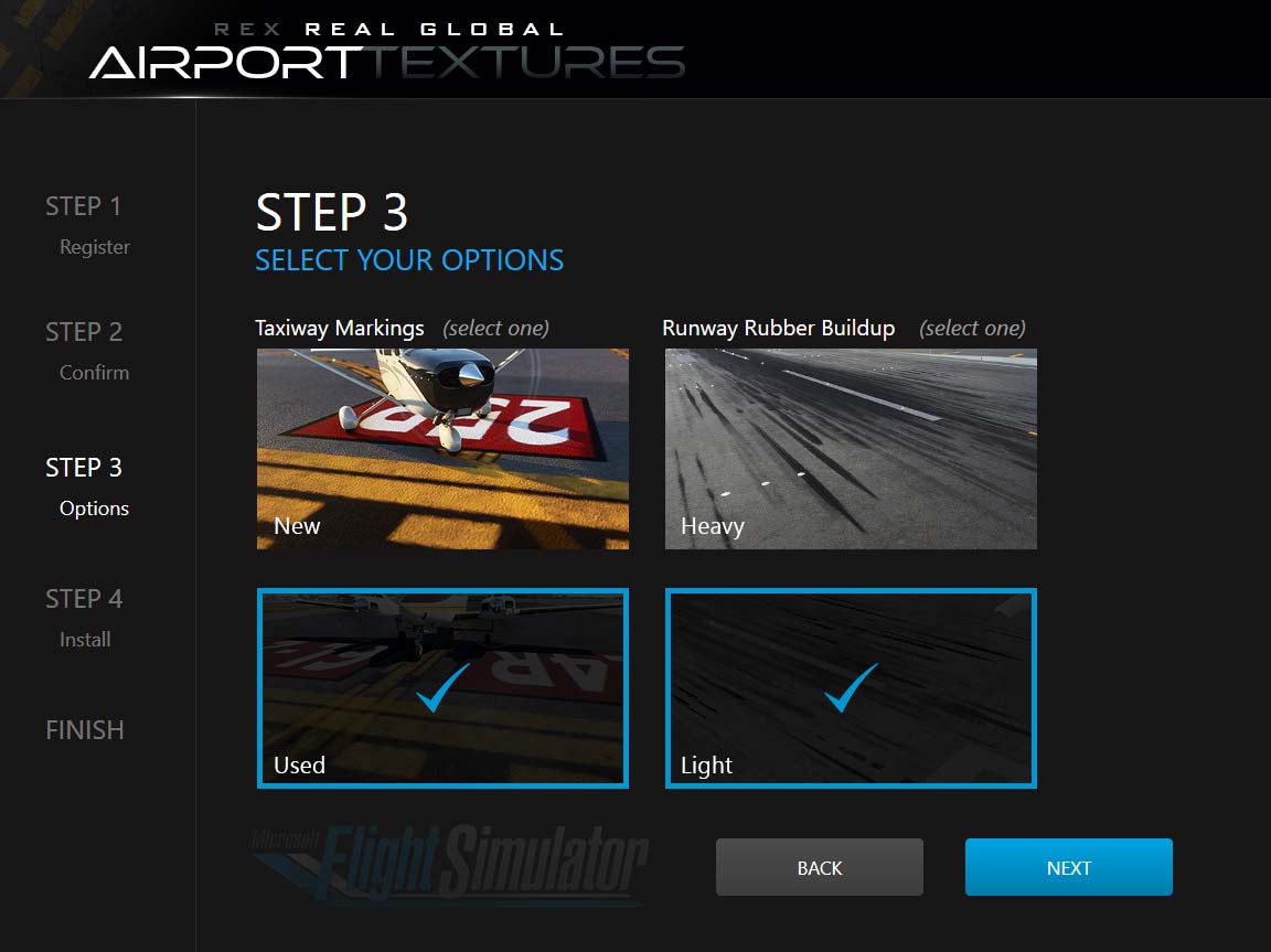 Selection screen from the Real Global Airport Textures app for Microsoft Flight Simulator.