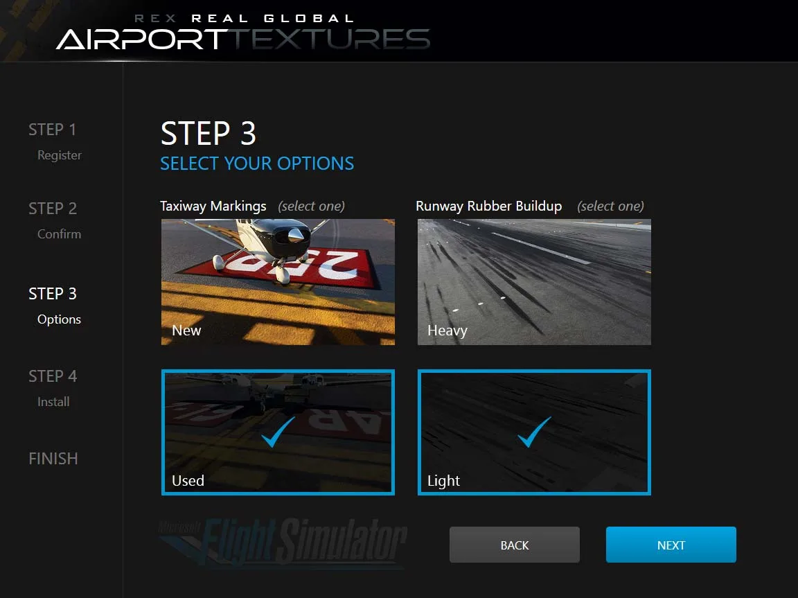 REX Real Global Airport Textures options window for choosing taxiway marking and rubber buildup styles