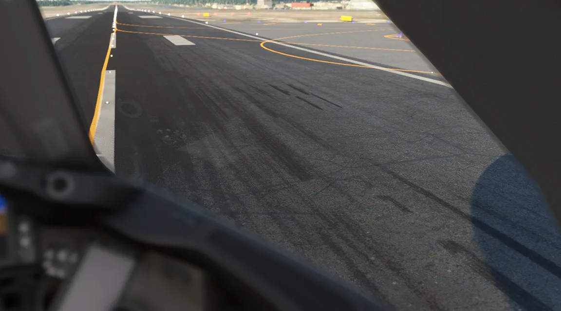 Photo-real runway and taxiway textures from REX Real Global Airport Textures viewed from the cockpit