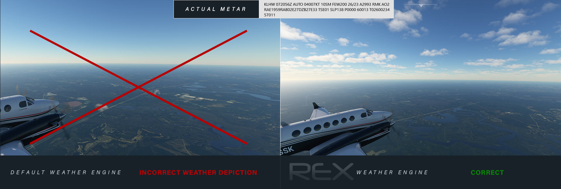 A demonstration of weather from Weather Force vs. Microsoft Flight Simulator.