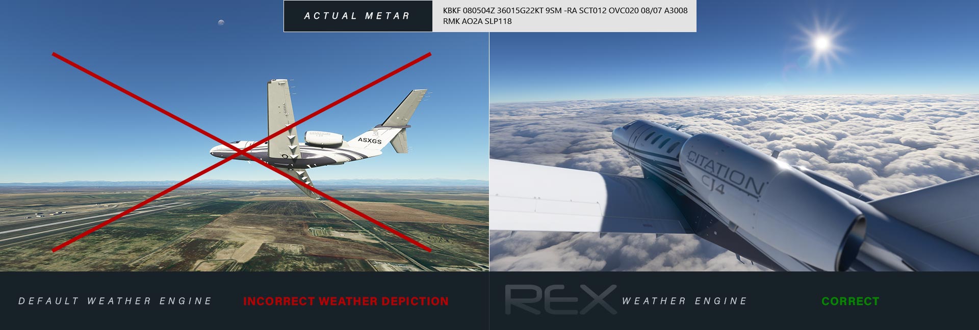A demonstration of weather from Weather Force vs. Microsoft Flight Simulator.