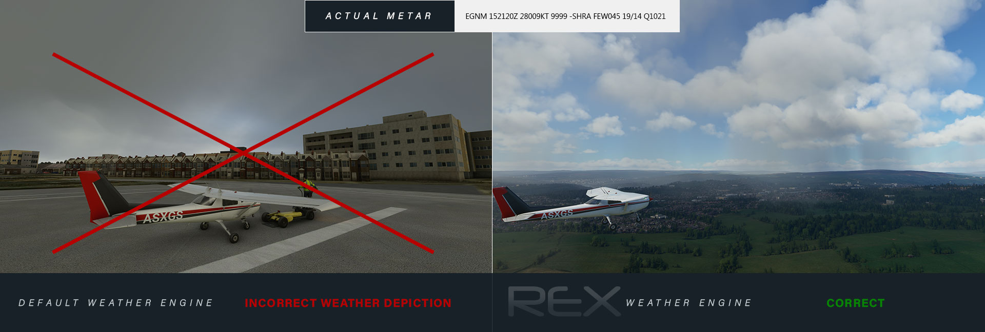 A demonstration of weather from Weather Force vs. Microsoft Flight Simulator.