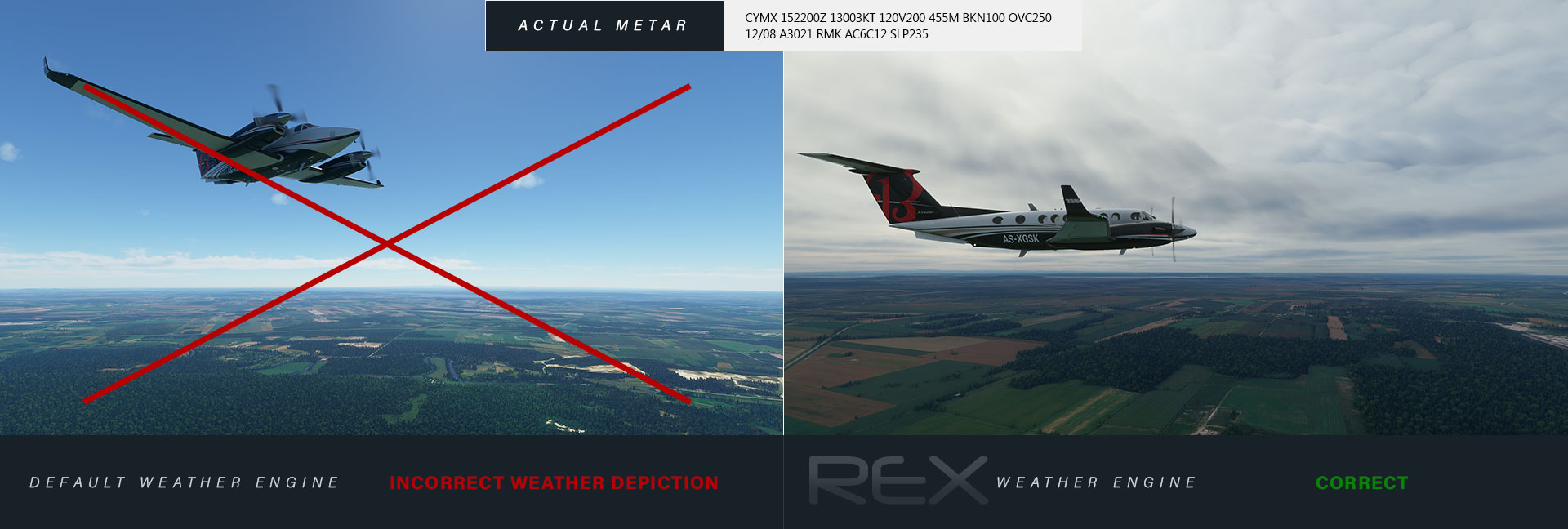 A demonstration of weather from Weather Force vs. Microsoft Flight Simulator.