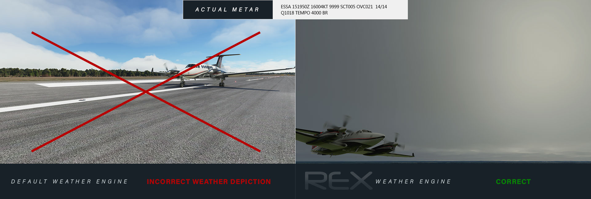 A demonstration of weather from Weather Force vs. Microsoft Flight Simulator.