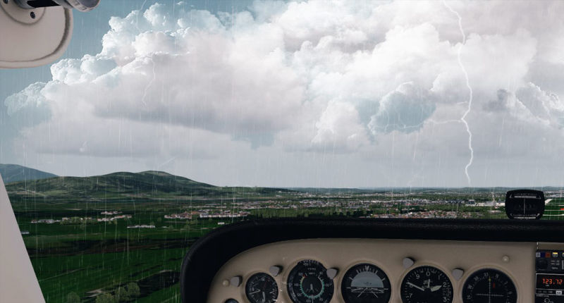 Inside a plane's cockpit during a storm, with various dials and screens visible.