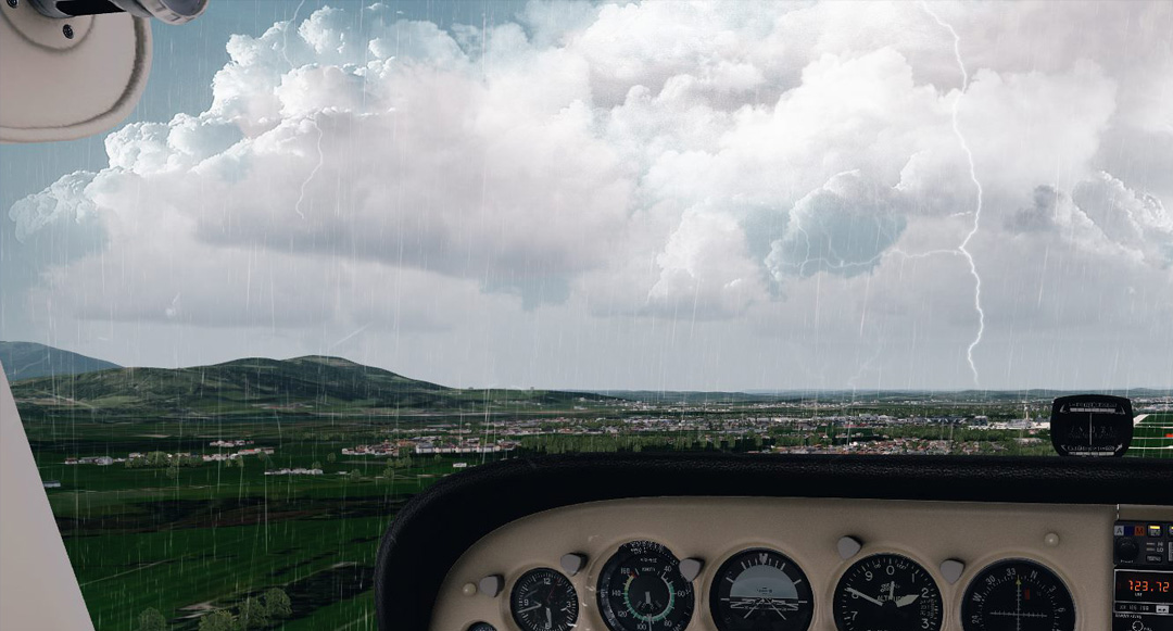 Inside a plane's cockpit during a storm, with various dials and screens visible.