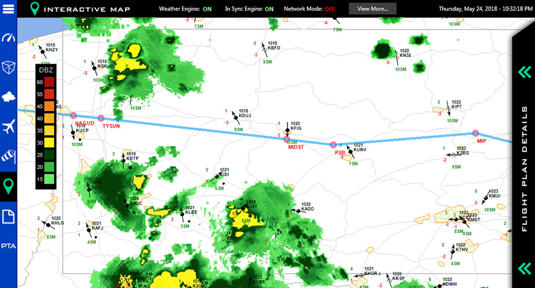 Weather map showing rain and lightning strikes.
