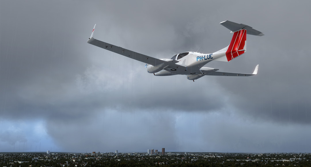 A small plane flying over a city on a cloudy day with rain shafts.