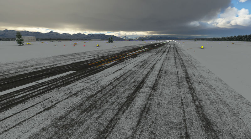 Snowy runway setting showing skid marks.