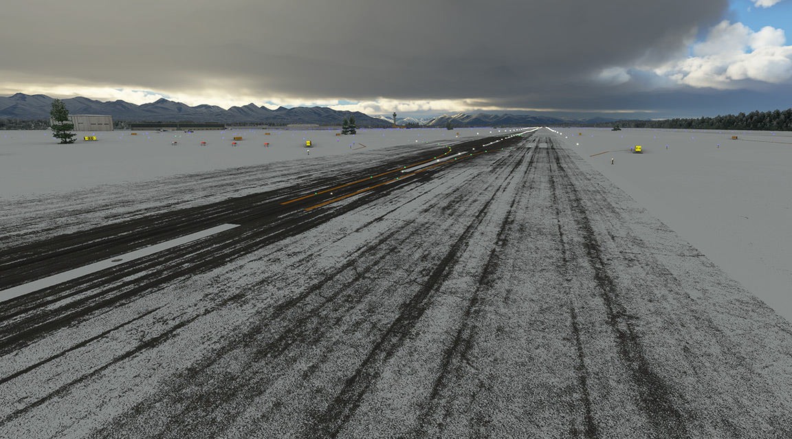 Snowy runway setting showing skid marks.