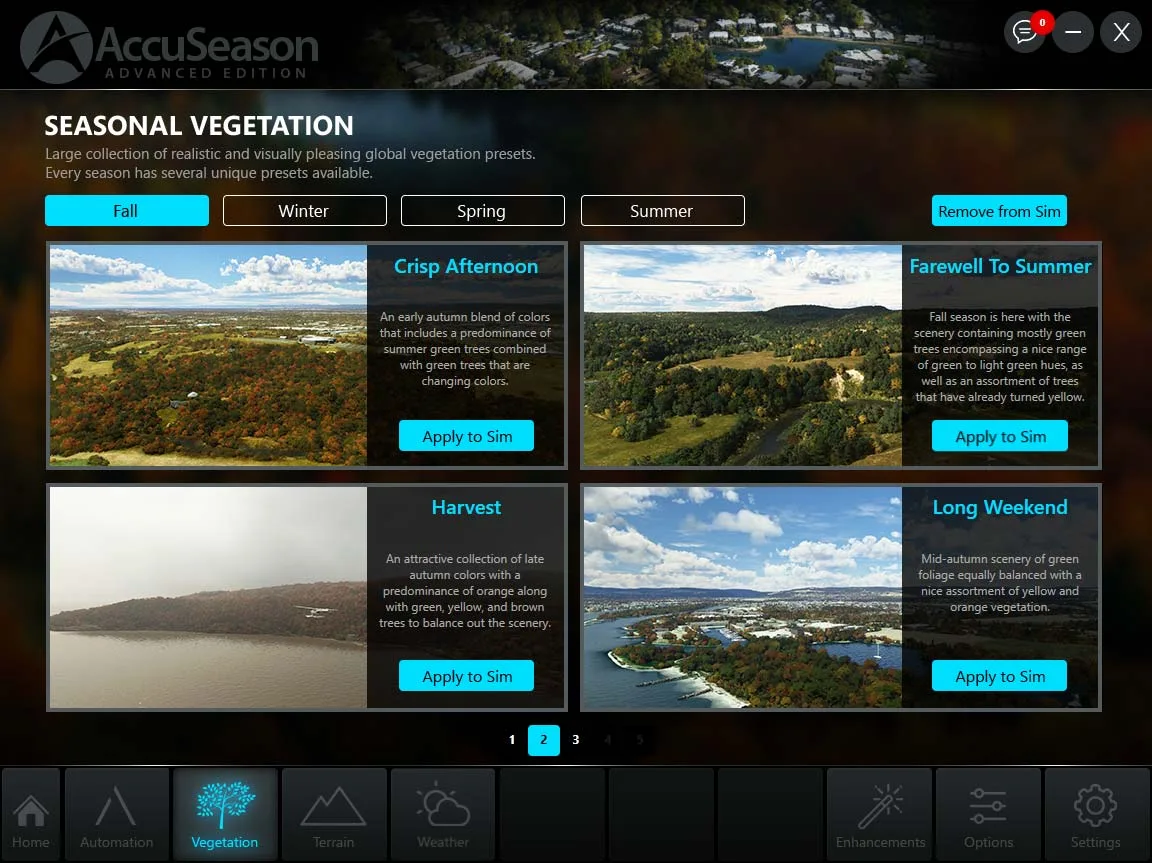 AccuSeason Advanced manual seasonal vegetation preset selection interface