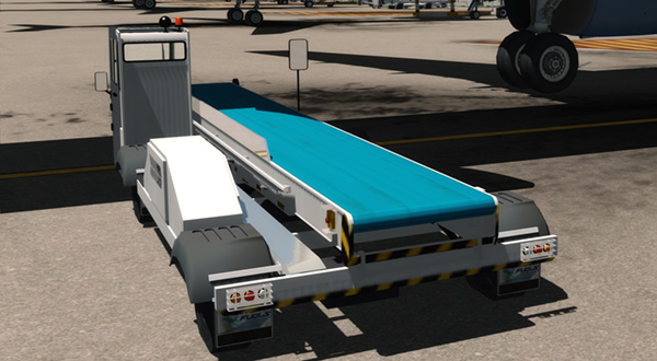 Airport baggage car parked on tarmac beside airplane and truck.