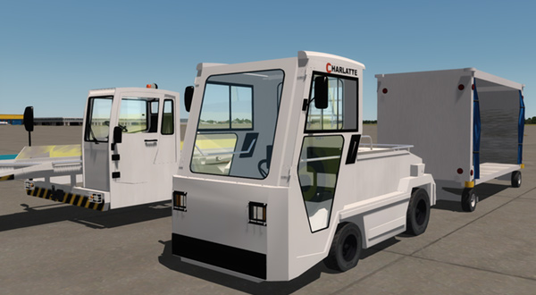 A white airport baggage vehicle cart with a trailer on the ground.