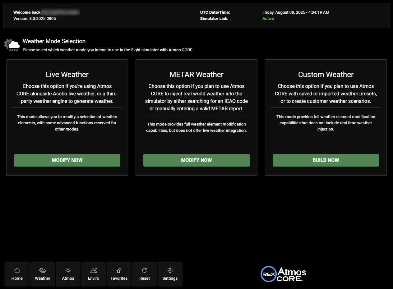 Atmos CORE Weather Building interface for creating custom weather scenarios
