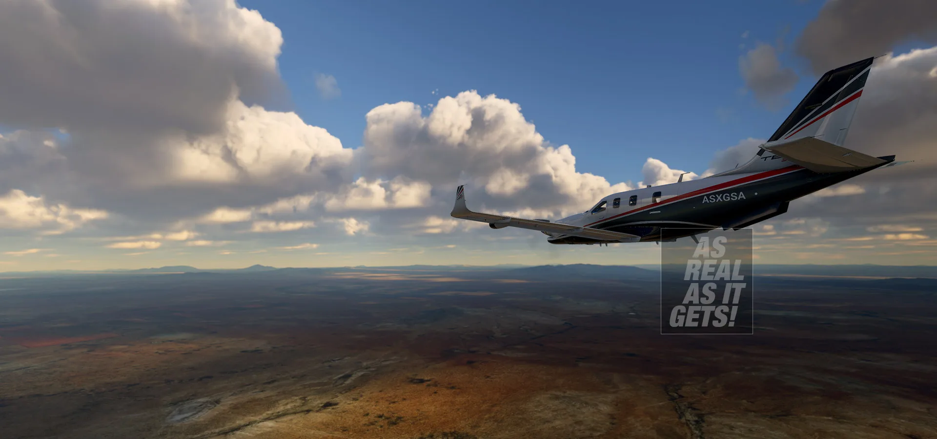 TBM turboprop cruising past realistic cumulus clouds over arid terrain with REX Weather Force in MSFS